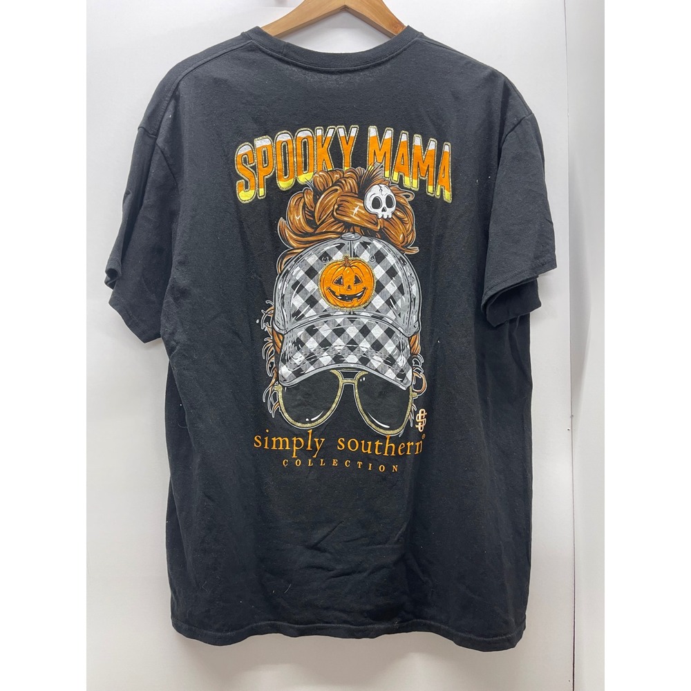 Simply Southern Spooky Mama Halloween T-Shirt Black XL Graphic Messy Bun Pumpkin